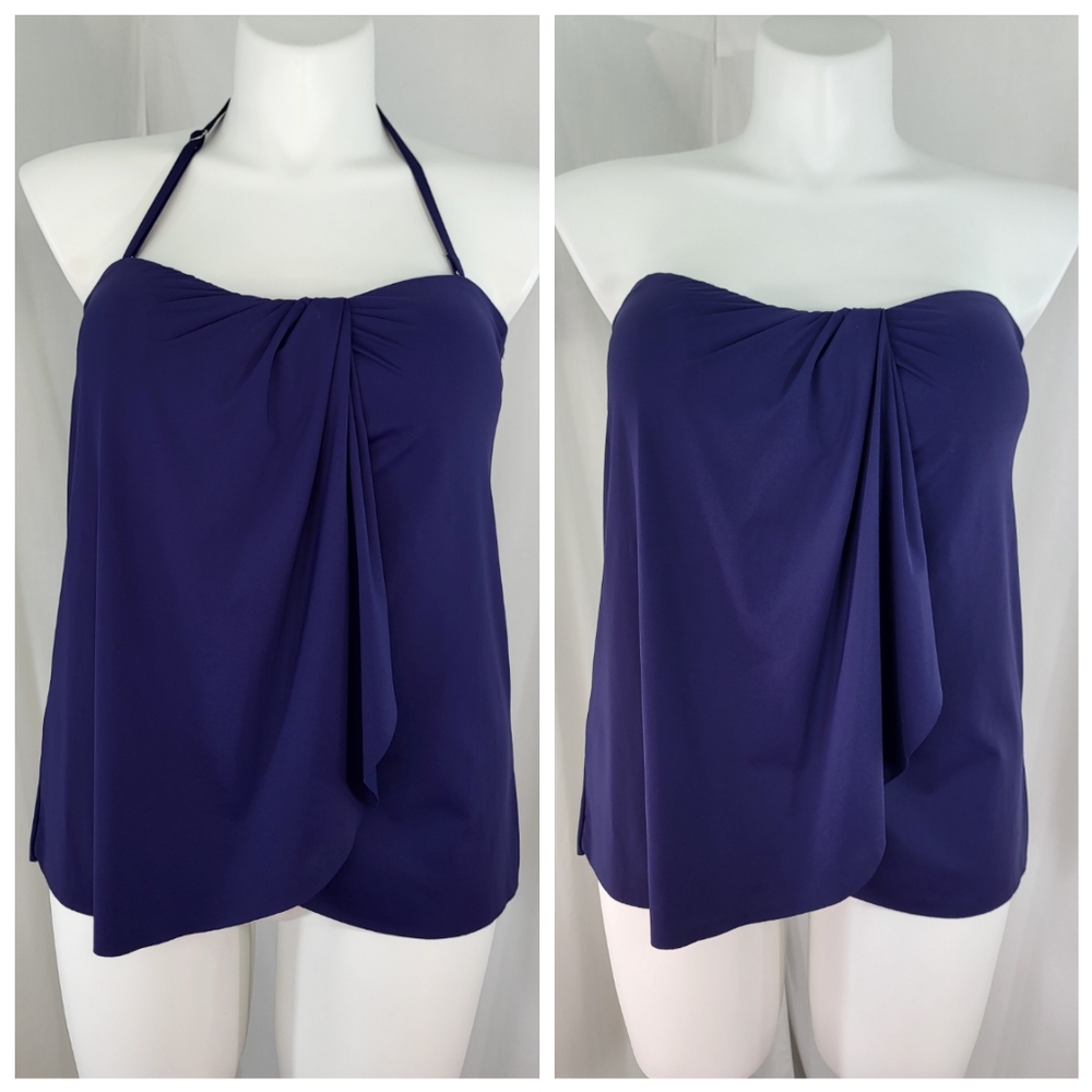 Tempt Me Swim TANKINI TOP Womens Size XL Navy Blue Drape Flounce Bra Halter NWOT